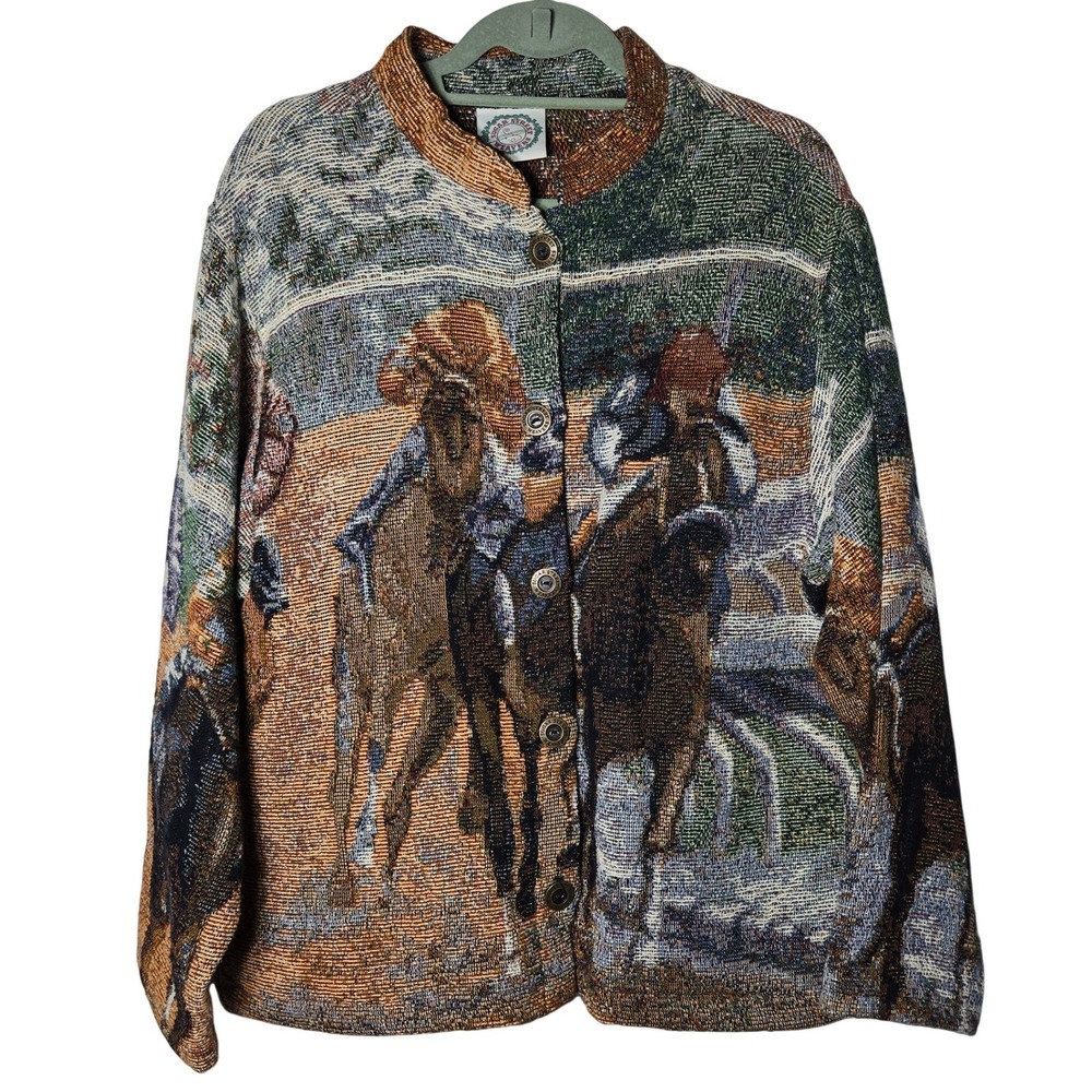 Vintage Sugar Street Weavers Horse Racing Tapestry Jacket Large Equestrian Art